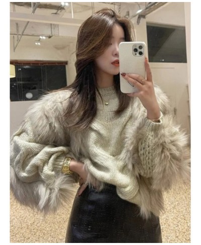 High Quality Loose Pullovers Rabbit Fur Patchwork Knitting Thick Warm Turtleneck Sweater Ladies 2023 Spring New 3WQ1583 $68.2...