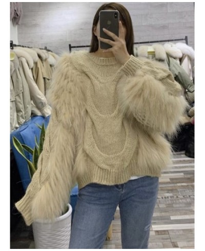 High Quality Loose Pullovers Rabbit Fur Patchwork Knitting Thick Warm Turtleneck Sweater Ladies 2023 Spring New 3WQ1583 $68.2...