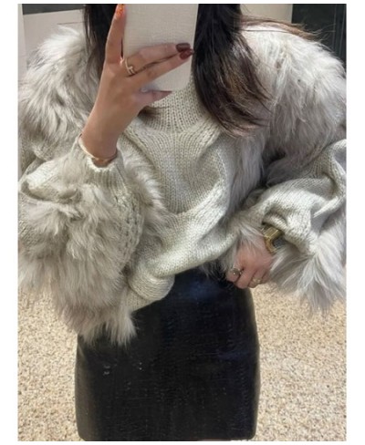 High Quality Loose Pullovers Rabbit Fur Patchwork Knitting Thick Warm Turtleneck Sweater Ladies 2023 Spring New 3WQ1583 $68.2...