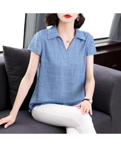 Summer Cotton Linen Shirt Women Plus size Blouse Elegant Loose Casual Ladies Tops Turn-down collar Tees Short sleeve V neck $...