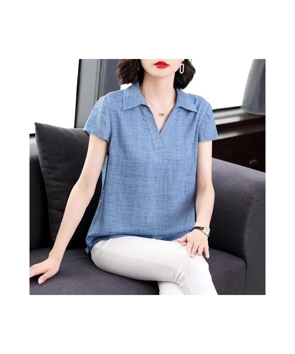 Summer Cotton Linen Shirt Women Plus size Blouse Elegant Loose Casual Ladies Tops Turn-down collar Tees Short sleeve V neck $...