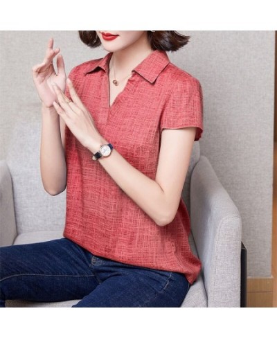 Summer Cotton Linen Shirt Women Plus size Blouse Elegant Loose Casual Ladies Tops Turn-down collar Tees Short sleeve V neck $...