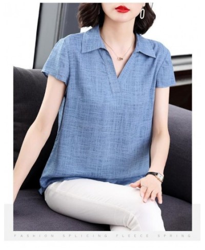 Summer Cotton Linen Shirt Women Plus size Blouse Elegant Loose Casual Ladies Tops Turn-down collar Tees Short sleeve V neck $...