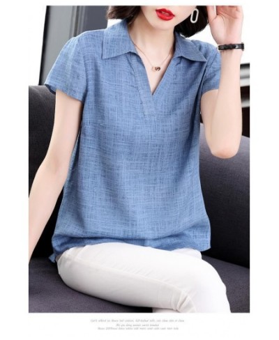 Summer Cotton Linen Shirt Women Plus size Blouse Elegant Loose Casual Ladies Tops Turn-down collar Tees Short sleeve V neck $...