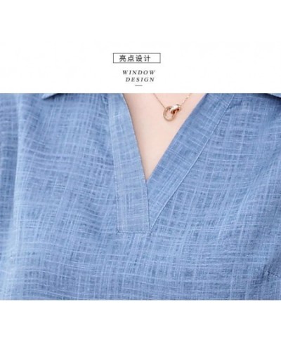 Summer Cotton Linen Shirt Women Plus size Blouse Elegant Loose Casual Ladies Tops Turn-down collar Tees Short sleeve V neck $...