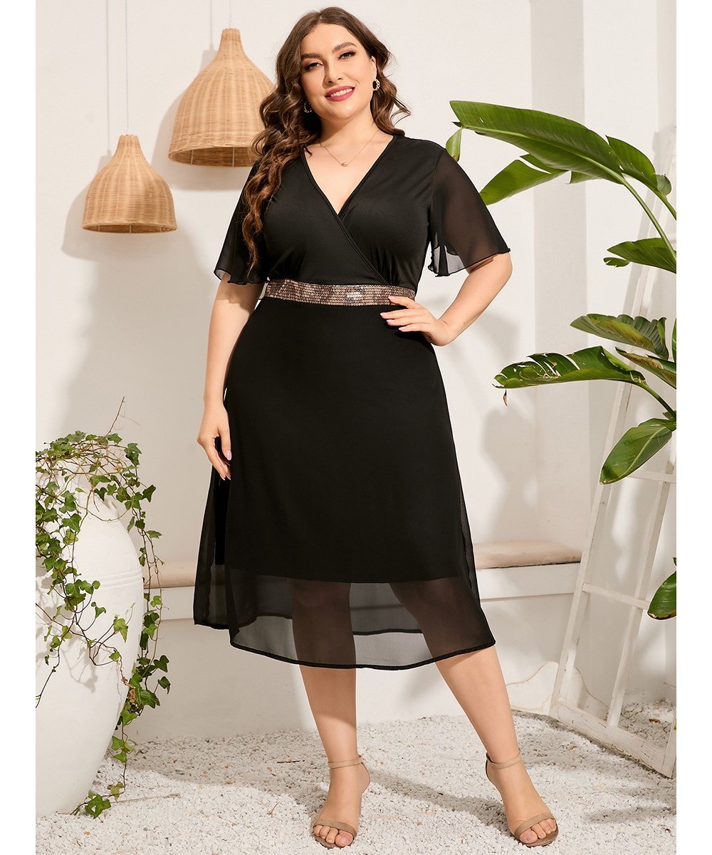 Women Plus Size Dresses V-neck Casual Splicing Short-sleeved Dress XL-5XL Large Size Elegant Fashion Solid Color Female Dress...