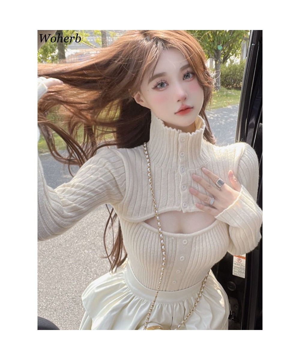 Knitted Sweater Casual Long Sleeve Crop Tops Pure Color Elegant Pullover 2023 Autumn Slim Y2k Single-breasted Pull Femme $43....