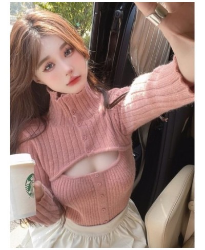 Knitted Sweater Casual Long Sleeve Crop Tops Pure Color Elegant Pullover 2023 Autumn Slim Y2k Single-breasted Pull Femme $43....