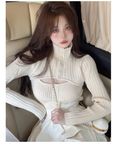 Knitted Sweater Casual Long Sleeve Crop Tops Pure Color Elegant Pullover 2023 Autumn Slim Y2k Single-breasted Pull Femme $43....