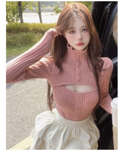 Knitted Sweater Casual Long Sleeve Crop Tops Pure Color Elegant Pullover 2023 Autumn Slim Y2k Single-breasted Pull Femme $43....