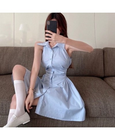 Summer New Sleeveless Dress for Women Korean Chic Off Shoulder Waist-Tight Dresses Ladies Fashion Turndown Collar Dress $29.7...