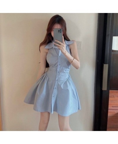 Summer New Sleeveless Dress for Women Korean Chic Off Shoulder Waist-Tight Dresses Ladies Fashion Turndown Collar Dress $29.7...