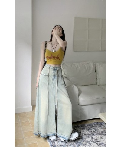 Washed Distressed Lace Up Denim Skirt High Street Straight Loose Long Skirts Korean Chic Design Vintage Wide Legs Pants $41.6...