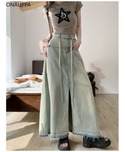 Washed Distressed Lace Up Denim Skirt High Street Straight Loose Long Skirts Korean Chic Design Vintage Wide Legs Pants $41.6...