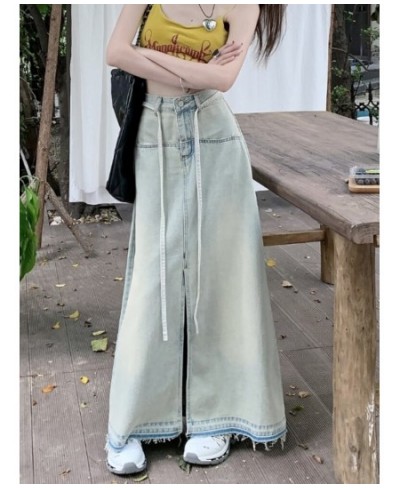 Washed Distressed Lace Up Denim Skirt High Street Straight Loose Long Skirts Korean Chic Design Vintage Wide Legs Pants $41.6...