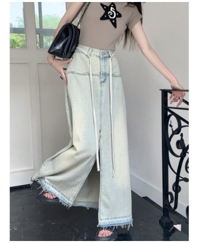 Washed Distressed Lace Up Denim Skirt High Street Straight Loose Long Skirts Korean Chic Design Vintage Wide Legs Pants $41.6...