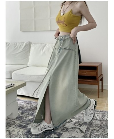 Washed Distressed Lace Up Denim Skirt High Street Straight Loose Long Skirts Korean Chic Design Vintage Wide Legs Pants $41.6...