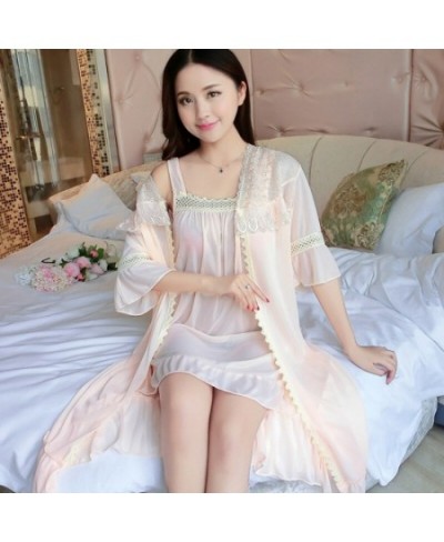 2023 Summer 2PCS Silk Satin Sexy Lace Lingerie Nightgowns Robes Sets for Women Bathrobes Sleepwear Nightdress Night Dress $30...