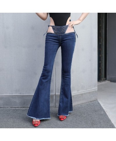 Sexy Ultra Low Waist Bikini Wide Leg Flare Jeans for Women Bikini Bandage Gray Rivet Women Jeans Wide Leg Flare Pants 30 $61....