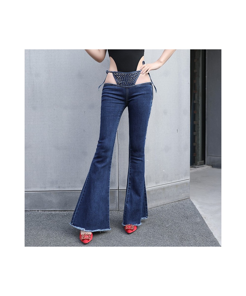 Sexy Ultra Low Waist Bikini Wide Leg Flare Jeans for Women Bikini Bandage Gray Rivet Women Jeans Wide Leg Flare Pants 30 $61....