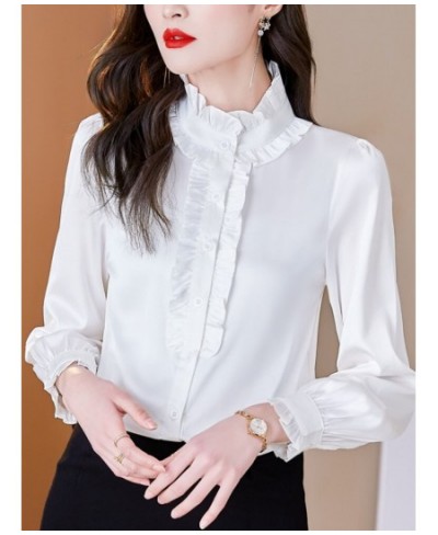 Spring Autumn New Stand Up Collar Wood Ear Collar Side Shirt Korean Fashion Long Sleeve Tops Temperament Commuter Women's Wea...