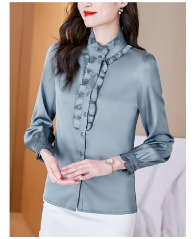 Spring Autumn New Stand Up Collar Wood Ear Collar Side Shirt Korean Fashion Long Sleeve Tops Temperament Commuter Women's Wea...