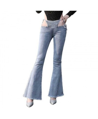 Sexy Ultra Low Waist Bikini Wide Leg Flare Jeans for Women Bikini Bandage Gray Rivet Women Jeans Wide Leg Flare Pants 30 $61....