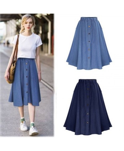 Fashion Korean Preppy Style Imitation Denim Skirts Women Solid Long Skirt Nature Waist Female Big Hem Casual Button Jean Skir...