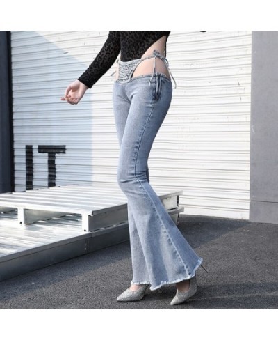 Sexy Ultra Low Waist Bikini Wide Leg Flare Jeans for Women Bikini Bandage Gray Rivet Women Jeans Wide Leg Flare Pants 30 $61....