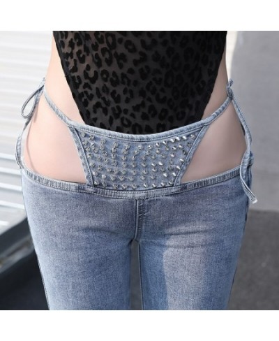 Sexy Ultra Low Waist Bikini Wide Leg Flare Jeans for Women Bikini Bandage Gray Rivet Women Jeans Wide Leg Flare Pants 30 $61....