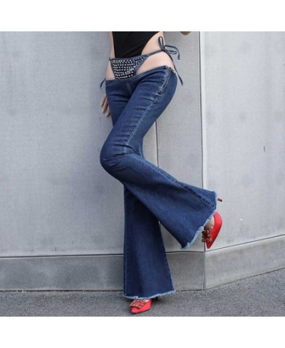 Sexy Ultra Low Waist Bikini Wide Leg Flare Jeans for Women Bikini Bandage Gray Rivet Women Jeans Wide Leg Flare Pants 30 $61....