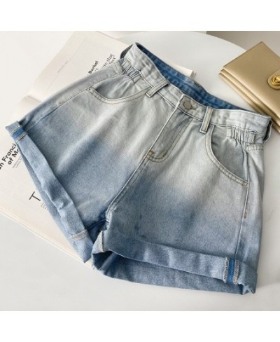 Summer new denim shorts women's high waist A-line version slimming gradual color changing pants elastic waist curly edge shor...