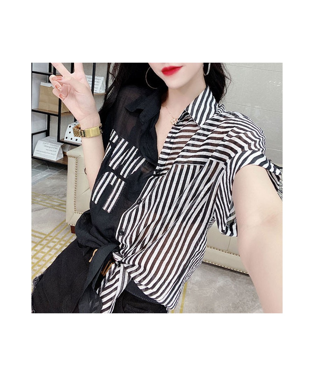 Streetwear Fashion Striped Spliced Blouse Women's Clothing Chic Diamonds Summer Single-breasted Casual Polo-Neck Bandage Shir...