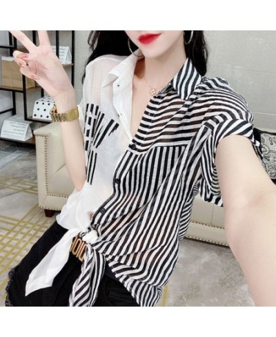 Streetwear Fashion Striped Spliced Blouse Women's Clothing Chic Diamonds Summer Single-breasted Casual Polo-Neck Bandage Shir...