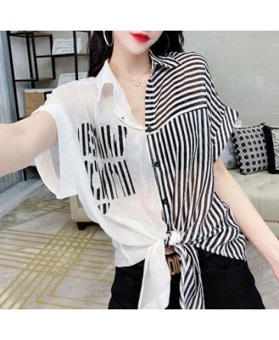 Streetwear Fashion Striped Spliced Blouse Women's Clothing Chic Diamonds Summer Single-breasted Casual Polo-Neck Bandage Shir...