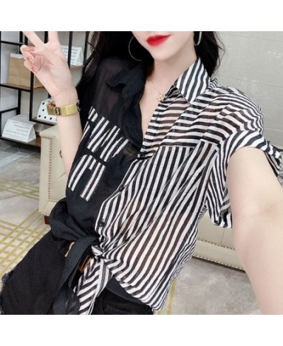 Streetwear Fashion Striped Spliced Blouse Women's Clothing Chic Diamonds Summer Single-breasted Casual Polo-Neck Bandage Shir...