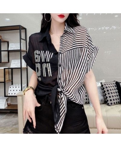 Streetwear Fashion Striped Spliced Blouse Women's Clothing Chic Diamonds Summer Single-breasted Casual Polo-Neck Bandage Shir...