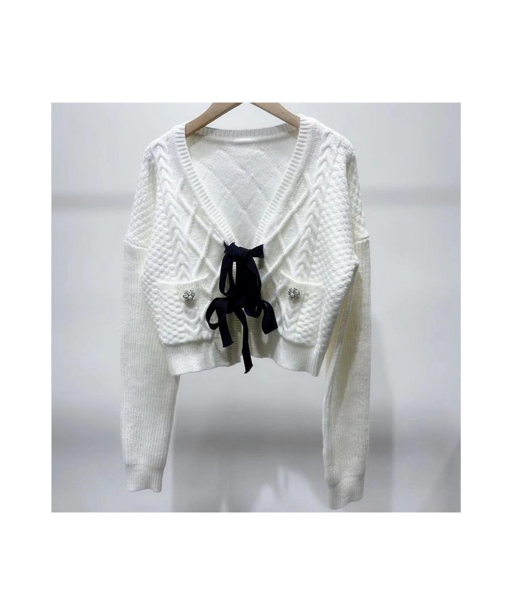 2022 Spring Bow Knitted Women Cardigan Sweater V-Neck Long Sleeve Solid Color Single Breasted Tops $89.66 - Sweaters