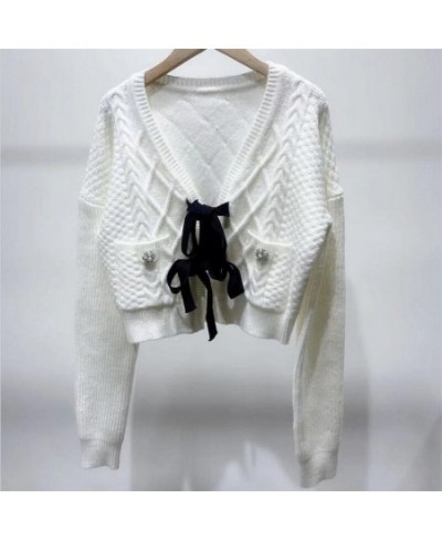 2022 Spring Bow Knitted Women Cardigan Sweater V-Neck Long Sleeve Solid Color Single Breasted Tops $89.66 - Sweaters