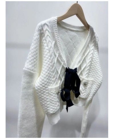 2022 Spring Bow Knitted Women Cardigan Sweater V-Neck Long Sleeve Solid Color Single Breasted Tops $89.66 - Sweaters