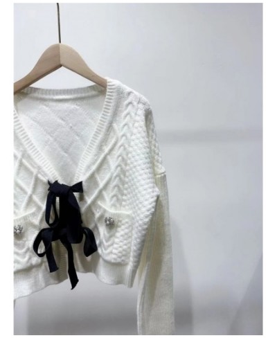 2022 Spring Bow Knitted Women Cardigan Sweater V-Neck Long Sleeve Solid Color Single Breasted Tops $89.66 - Sweaters