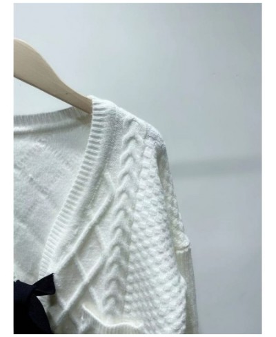 2022 Spring Bow Knitted Women Cardigan Sweater V-Neck Long Sleeve Solid Color Single Breasted Tops $89.66 - Sweaters