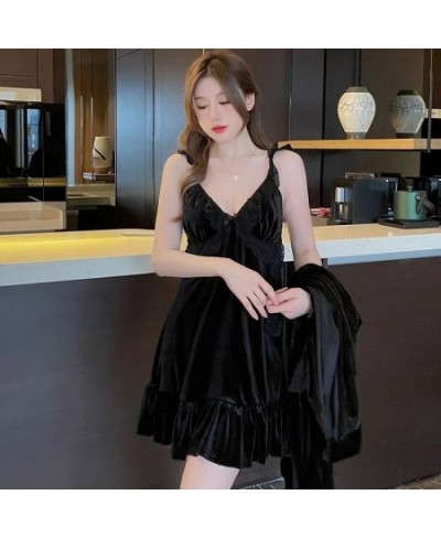 Pajamas For Women Sexy Sleepwear Black Warm Robe Lingerie Winter Sets Golden Velvet Thick 2pcs Nightgowns With Bra Nightdress...