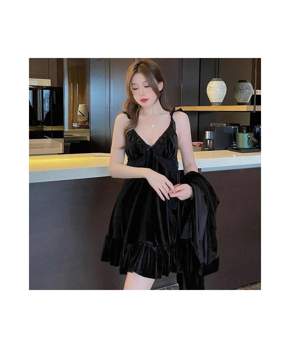 Pajamas For Women Sexy Sleepwear Black Warm Robe Lingerie Winter Sets Golden Velvet Thick 2pcs Nightgowns With Bra Nightdress...