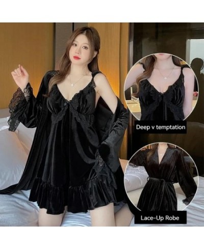 Pajamas For Women Sexy Sleepwear Black Warm Robe Lingerie Winter Sets Golden Velvet Thick 2pcs Nightgowns With Bra Nightdress...