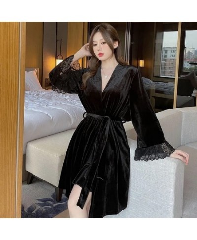 Pajamas For Women Sexy Sleepwear Black Warm Robe Lingerie Winter Sets Golden Velvet Thick 2pcs Nightgowns With Bra Nightdress...