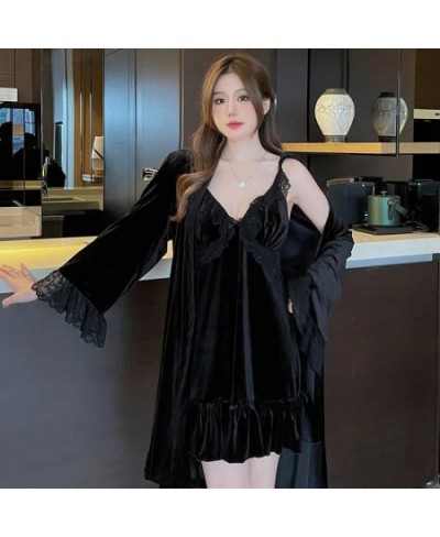 Pajamas For Women Sexy Sleepwear Black Warm Robe Lingerie Winter Sets Golden Velvet Thick 2pcs Nightgowns With Bra Nightdress...