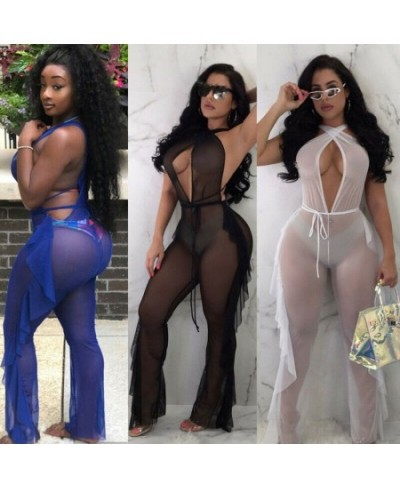 Women Sexy Transparent Mesh Jumpsuit Beachwear Bikini Cover Up See Through Sheer Mesh V Neck Sexy Overalls Rompers $27.23 - S...