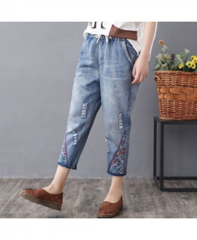 Elastic Waist Jeans Ladies Vintage Embroidery Trousers Women Casual Retro Floral Denim Cowboy Ripped Harem Pants Yalabovso $5...