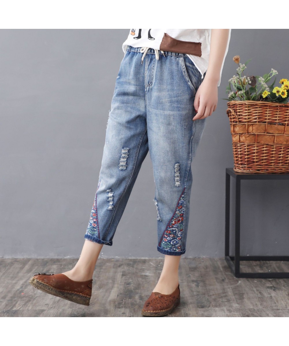 Elastic Waist Jeans Ladies Vintage Embroidery Trousers Women Casual Retro Floral Denim Cowboy Ripped Harem Pants Yalabovso $5...